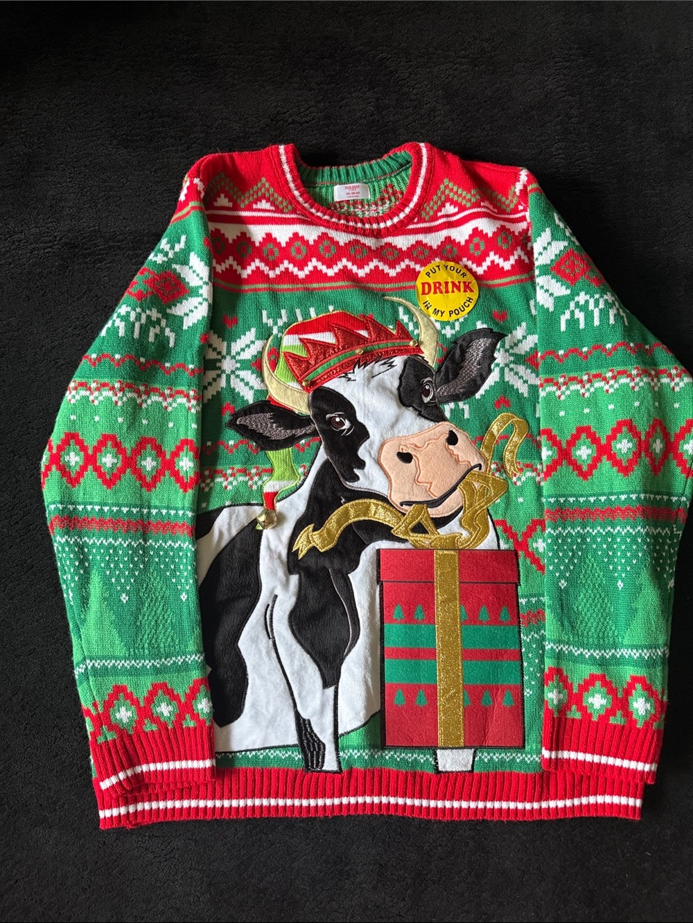 Ugly Sweater Green & Red Holiday Cow Sweater with drink holder